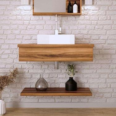 Imagem de Conjunto para Banheiro Bancada com Cuba Q39 Quadrada e Prateleira City 805 Nogal