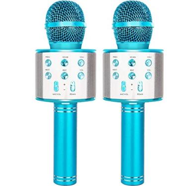 Imagem de YONHAN Pacote com 2 microfones de karaokê, microfone de karaokê sem fio Bluetooth para cantar, máquina de alto-falante portátil e portátil, ótimos presentes para meninas, meninos e