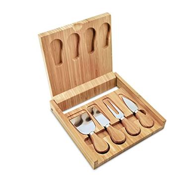 Imagem de True O conjunto de ferramentas para queijo de bambu Formaggio inclui 4 facas com 1 caixa de servir, utensílios para servir aperitivos, 20 x 20 cm