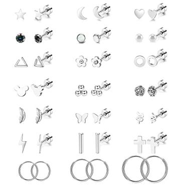 Imagem de Staligue Conjunto de 21 pares de brincos de aço inoxidável para mulheres e homens, hipoalergênicos, 20G, brincos e argola, estrela, lua, flor, folha de cobra, cartilagem, joias, presentes, Aço