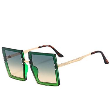 Imagem de Óculos de sol de metal quadrado espelho plano feminino rosto redondo feminino óculos de sol vintage de armação grande, chá verde verde, um