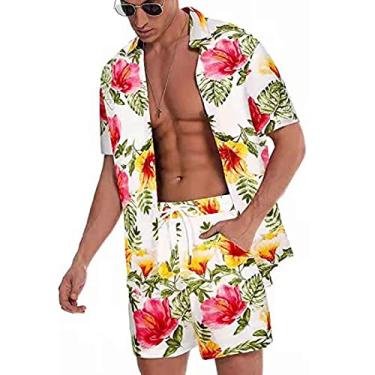 Imagem de Conjuntos de camisas havaianas com estampa floral verão masculino manga curta e cordão calça curta conjunto de 2 peças terno respirável, A, M (busto: 113cm)