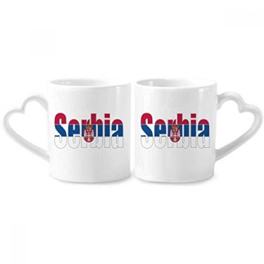 Imagem de Conjunto de canecas de porcelana para casais, bandeira do país da Sérvia e coração