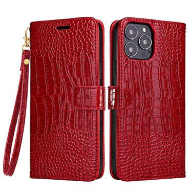 Imagem de Capa para iPhone 14/14 Pro/14 Plus/14 Pro, capa carteira de couro flip padrão de crocodilo capa com suporte flip de couro real com slot para cartão, vermelho, 14 Pro Max 6,7 polegadas