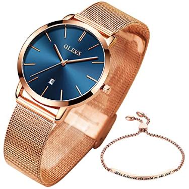 Imagem de OLEVS Conjunto de relógios femininos com pulseira ouro rosa para mulheres, minimalista, simples, fino, casual, analógico, quartzo, impermeável, dois tons, Mostrador azul - moldura da marca - pulseira,