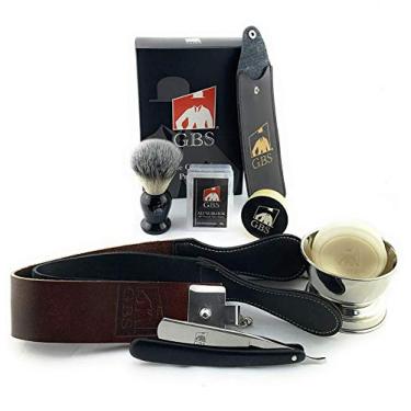 Imagem de GBS Shave Pronto lâmina reta barbear e barba Grooming Kit - 6/8" Escalas inoxidável Lâmina Negra Revestimento de madeira, couro Strop, bacia & da escova Badger Soap, Case & Alum Bloco - o presente do Shave Homens Wet