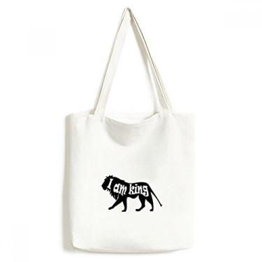 Imagem de Bolsa sacola de lona natural com desenho de leão preto bolsa de compras casual