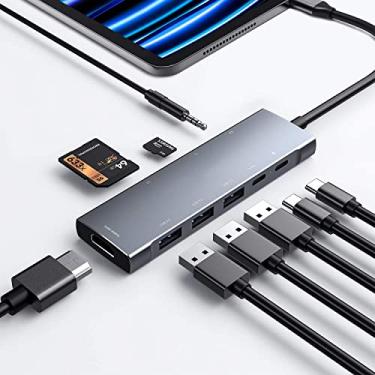 Imagem de Hub USB C para iPad Pro 9 em 1 adaptador iPad Pro M4 M2 M1 13 12.9 11 polegadas iPad Air 5 4 estação de ancoragem com 4K HDMI, USB-C PD, leitor de cartão SD/TF, USB 3.0, conector de fone de ouvido de