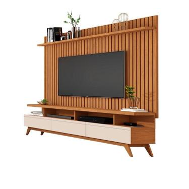 Imagem de Rack Vivare 1.8 Wood Com Painel Classic Ripado Para TV Até 72 Polegadas Nature/Off White - Giga Móveis