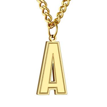 Imagem de GoldChic Colar masculino com letra inicial, colar de iniciais grandes de aço inoxidável para atletas esportivos masculinos, pingente de alfabeto com corrente cubana de 4 mm, 22''+2'', Banhado a ouro