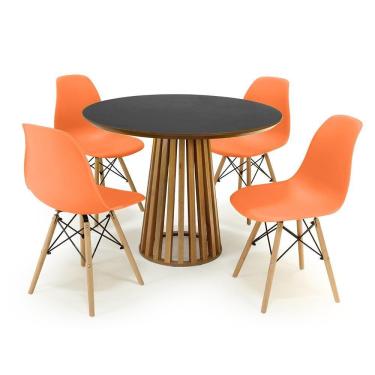 Imagem de Conjunto Mesa de Jantar Redonda Luana Amadeirada Preta 100cm com 4 Cadeiras Eames Eiffel - Laranja