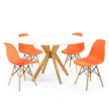 Imagem de Conjunto Mesa de Jantar Redonda Marci Branca 120cm com 4 Cadeiras Eames Eiffel - Laranja