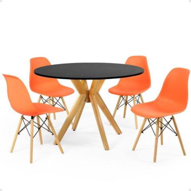 Imagem de Conjunto Mesa de Jantar Redonda Marci Preta 100cm com 4 Cadeiras Eames Eiffel - Laranja