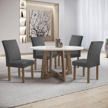 Imagem de Conjunto Mesa Arizona 120cm com 4 Cadeiras Canela Tampo Redondo Plus com Vidro Chocolate/Off White/Cinza