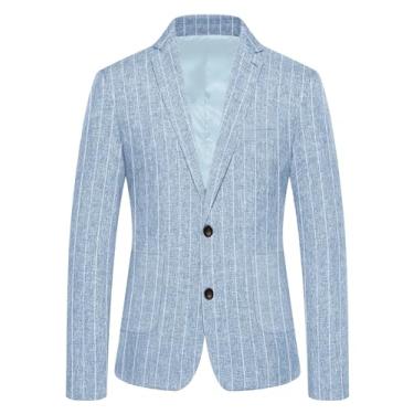 Imagem de Runcati Casaco esportivo masculino casual, listrado, algodão, linho, blazer com dois botões, leve, caimento justo, Azul, Large