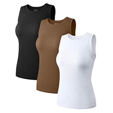 Imagem de OQQ Camiseta regata feminina de 3 peças sem mangas, gola redonda, com elástico, Preto, café, branco, GG