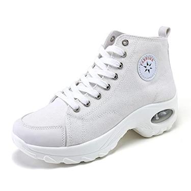Imagem de VV87 Tênis feminino casual de lona com almofada de ar, cano alto, sola grossa, para jogging e caminhada, Branco, 35