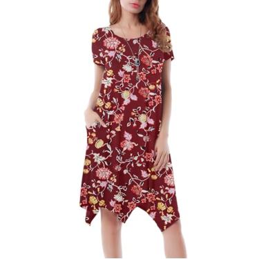 Imagem de Invug Vestido feminino casual solto macio gola redonda manga curta bolsos rodado, Vinho floral, 3G