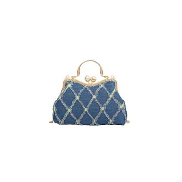 Imagem de CORIOS Bolsa clutch jeans feminina acolchoada bolsa de casamento nupcial bolsa de strass brilhante bolsa transversal pérola com contas, Azul escuro, Large