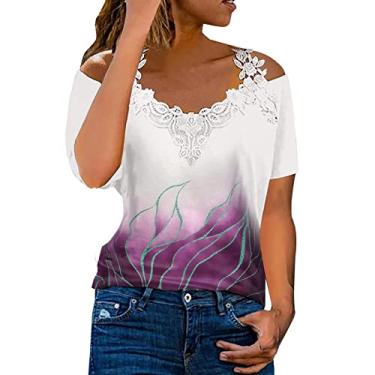 Imagem de Lainuyoah Blusa feminina estampada moderna com ombro vazado renda floral boho blusa casual verão gola V manga curta camiseta básica, F-Rosa choque, G