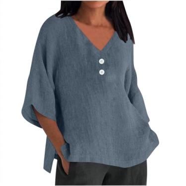 Imagem de Camisas de linho femininas plus size manga 3/4 comprimento casual solto gola V botão fenda lateral blusa moda verão, Cinza escuro, G