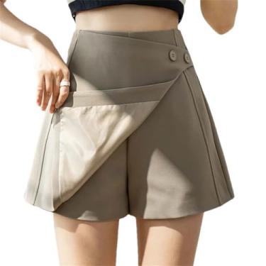 Imagem de JXQXHCFS Shorts femininos verão botão cintura alta saia solta, Caqui, M