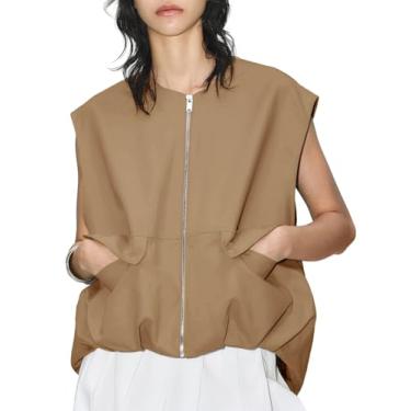 Imagem de PAODIKUAI Blazer feminino casual com zíper e bainha franzida, leve, sem mangas, jaqueta grande com bolsos, Marrom, P