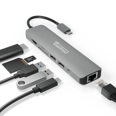 Imagem de Plugable Adaptador 7 em 1 USB C Hub Multiportas com Ethernet - Compatível com Mac, Windows, Chromebook, Dell XPS e Thunderbolt 3 (87 W de carregamento, Gigabit Ethernet, 4K HDMI, 2X USB, SD/microSD)