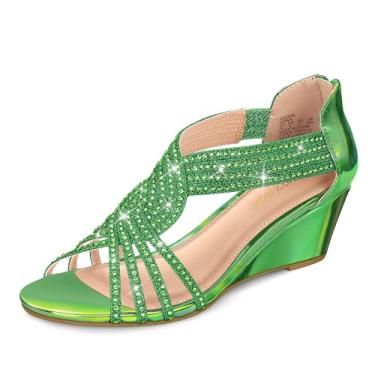 Imagem de PIZZ ANNU Sandália feminina Diana de salto baixo com strass brilhante, bico aberto, sapato social moderno para mulheres em dança nupcial noite verde, Verde, 40