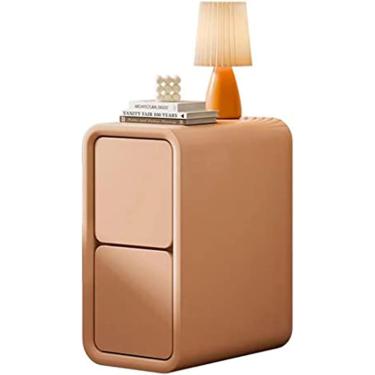 Imagem de Mesa de cabeceira pequena com 2 gavetas Mesa de cabeceira moderna ultra estreita de couro de microfibra totalmente embrulhada + sofá de madeira maciça Armário de armazenamento de mesa latera