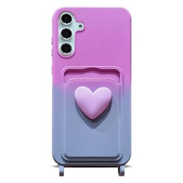 Imagem de LYQZDT Capa para Samsung Galaxy S24 de 6,2 polegadas com compartimento para cartão carteira bolso fofo Kawaii 3D coração gradiente cor à prova de choque capa protetora de silicone macio (cinza roxo)