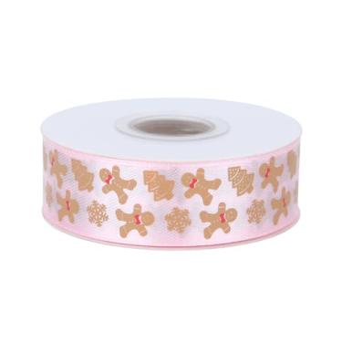 Imagem de Meseey Pão de gengibre com fita de lona de doces 19 mm 20 jardas rosa branco feliz Natal tecido bengala doce fita de artesanato para embrulho de presente de Natal arco de guirlanda DIY suprimentos de artesanato (pão de gengibre rosa)