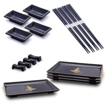 Imagem de Kit Japonês Para 4 Pessoas Molheira Hashi Prato Descanso - AC, Preto