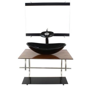 Imagem de Gabinete de vidro inox para banheiro 60cm oval madeira nogueira - Cuba