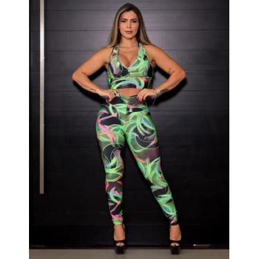 Imagem de Conjunto Estampado Feminino Calça Empina Bumbum e Cropped com Bojo - F