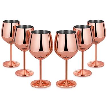 Imagem de Lifecapido Conjunto de 6 taças de vinho de aço inoxidável, taças de vinho de cobre de 532 ml, taças de vinho de aço inoxidável com escova para festa, escritório, casamento, aniversário, ótimo para vinho branco tinto (ouro rosa)