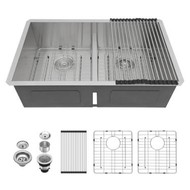 Imagem de Lordear Pia de cozinha de aço inoxidável com divisória baixa inteligente de 81 cm x 48 cm com pia dupla de 81 x 48 cm
