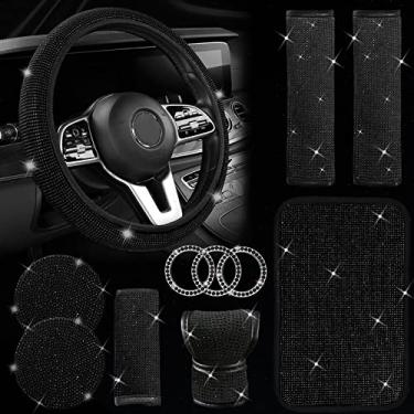 Imagem de JINGSEN 11 peças, conjunto de acessórios de carro Bling para mulheres, capa de volante para mulheres ajuste universal de 38 cm, capa de console central de strass (preto)