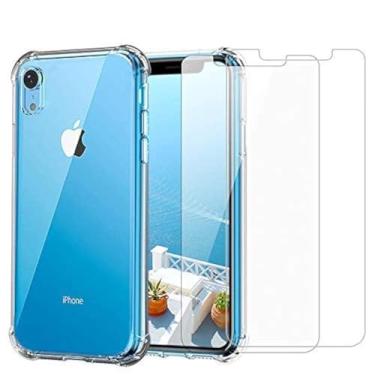 Imagem de Capa transparente para iPhone XR e protetor de tela | Pacote 2 em 1 | 2 protetores de tela de vidro temperado | Capa transparente macia transparente e transparente | amortecedores à prova de choque | Slim Fit | Compatível com iPhone XR