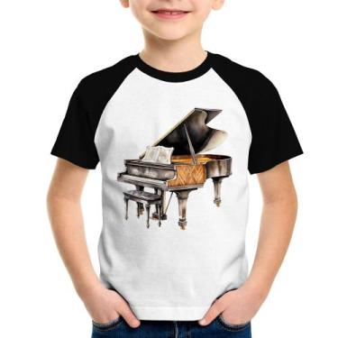 Imagem de Camiseta Raglan Infantil Piano Arte - Foca na Moda, Branco, Preto, 12