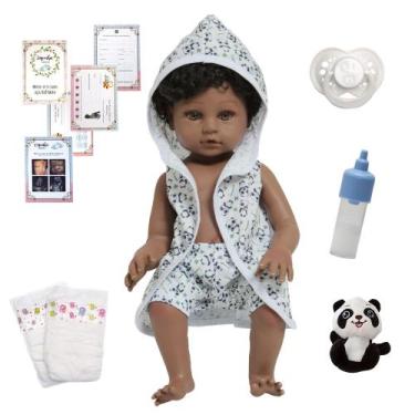 Imagem de Boneco Reborn Realista Negro Roupão Pandinha + Acessórios - Cegonha Re