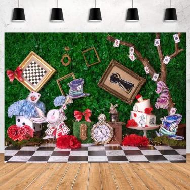 Imagem de InMemory Wonderland Tea Party pano de fundo conto de fadas grama verde chapéu mágico coelho tabuleiro de damas rosa cartões bolo esmagamento jardim recém-nascido aniversário retrato retrato fundo 2,1