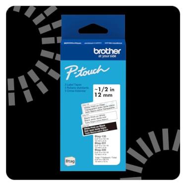 Imagem de Brother Fita de etiqueta P-touch Btag, BTAG3M01, 1,2 cm por 4 m, branco sobre transparente, preto sobre branco, branco em preto, pacote com 3