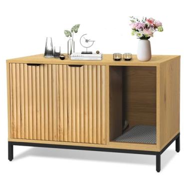 Imagem de QuicMiou Caixa de areia para gatos, móveis de caixa de areia oculta com pernas de metal, mesa lateral banheiro interno armário de armazenamento de casa de gato 31,5 x 19,7 x 20,6 polegadas (carvalho