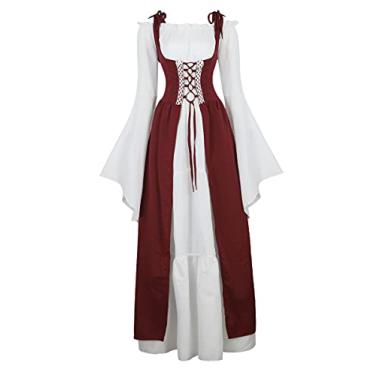 Imagem de Zhitunemi Vestidos renascentistas para mulheres: vestido medieval para mulheres Renfaire Outfit - festas de Halloween eventos de fantasia, Vinho tinto, P