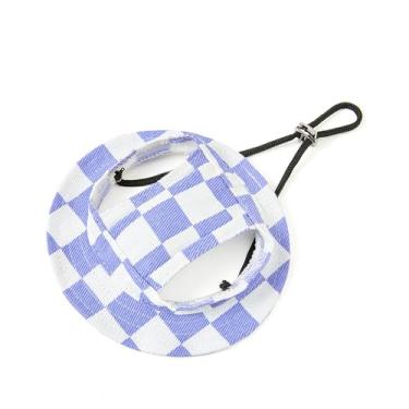 Imagem de HDKUW Chapéu de balde para cães, boné redondo para cães com orifício de orelha, chapéu esportivo ajustável para viagens ao ar livre, proteção solar, para gatos, pequenos, médios, roxo, xadrez, M