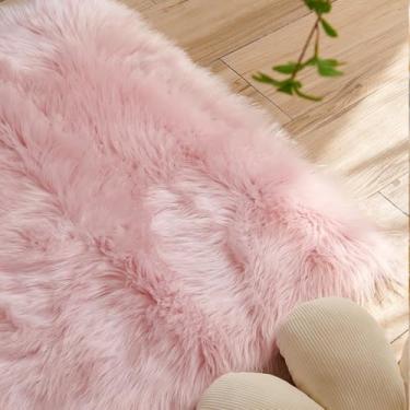 Imagem de Tapete macio e fofo para quarto, tapete de pele, tapete de cabeceira para crianças, almofadas de sofá de pele de carneiro, tapete peludo para sala de estar, rosa claro, 80x200cm