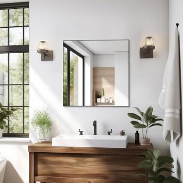 Imagem de ANYHI Espelho quadrado para montagem na parede, espelhos de banheiro de 71 x 71 cm para pia, espelho decorativo de parede com moldura de metal preto, espelho de vaidade para banheiro, quarto, sala de
