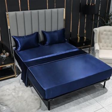 Imagem de ZiDeTang Conjunto de lençóis Queen 4 peças de cetim - respirável e refrescante, confortável, hotel, luxuoso, macio e sem rugas, cor azul escuro