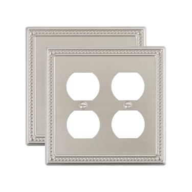 Imagem de TREEWELL Pacote com 2 capas duplas de tomada, placas de interruptor de metal de níquel escovado e tampas de tomada, placas decorativas de parede de pérolas para tomadas elétricas, capa de receptáculo